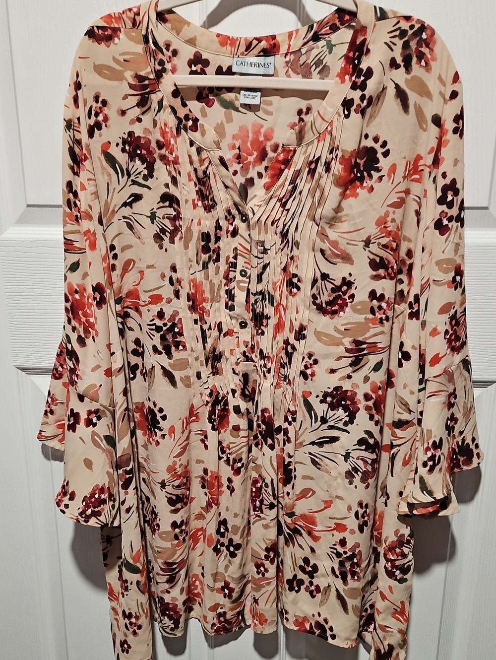 Catherines Beige Floral Pintuck Tunic with Coral, Brown & Green Accents 4XL